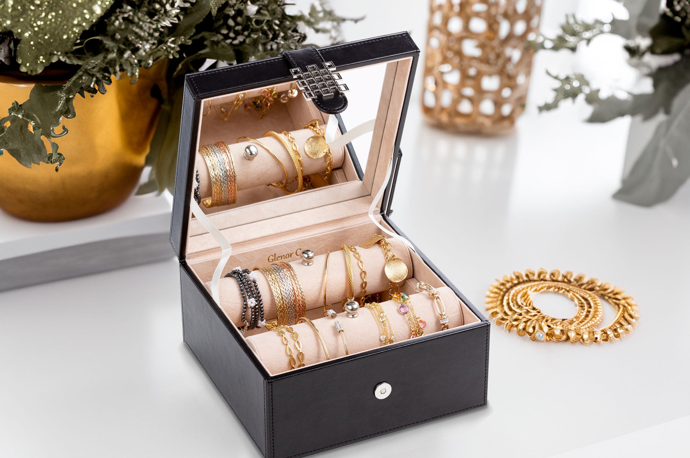 Bracelet Jewelry Box with 2 Removable Rolls - Holder stores Bracelets,  Bangles & Watches - Organizer w Metal Closure - Large Mirror - PU Leather 
