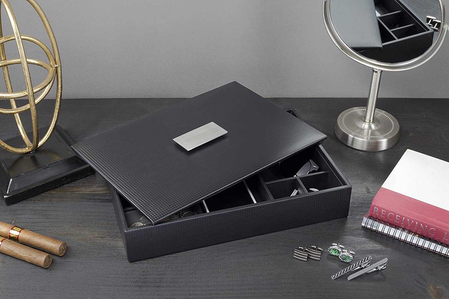 Men's Luxury Organizer Bundle - Watch Organizer Box + Valet Tray / Dresser Organizer