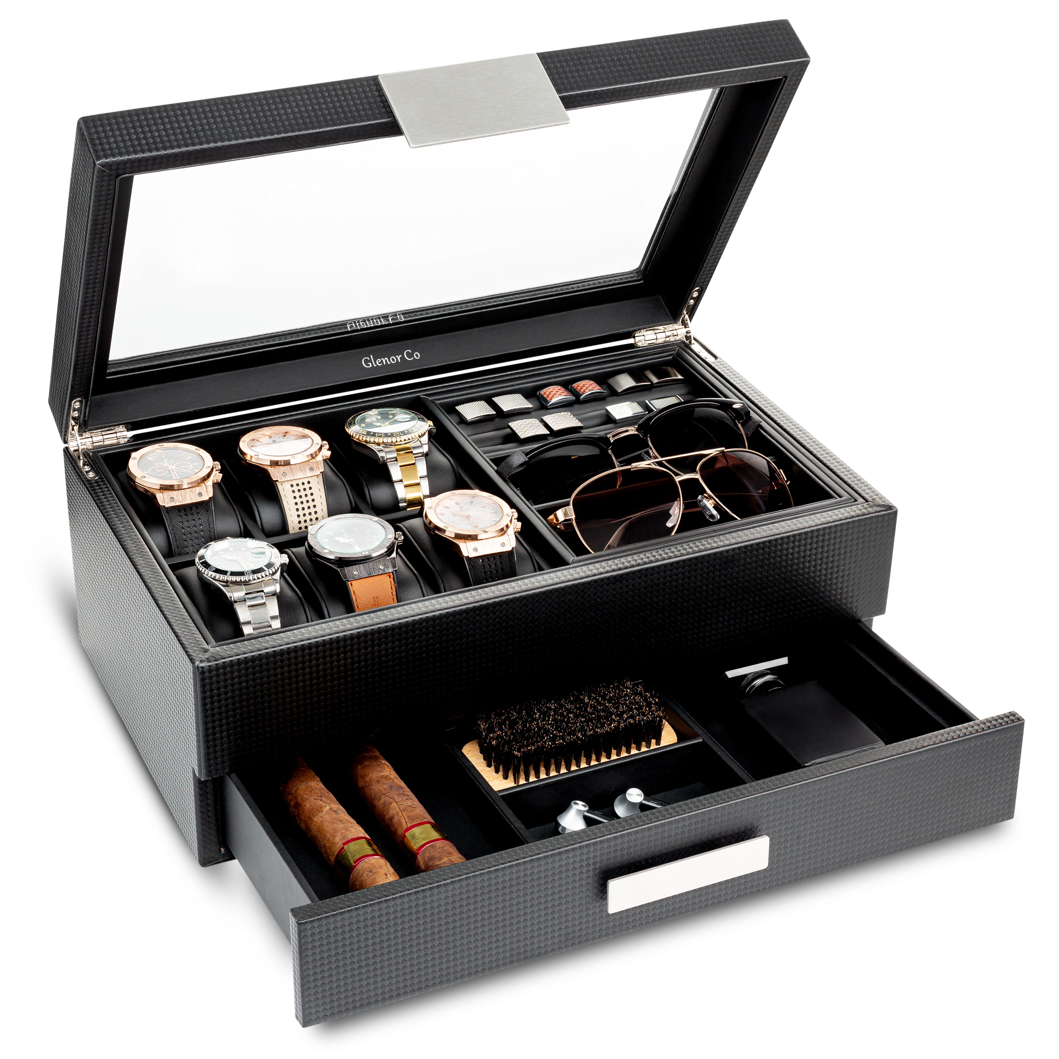 Valet Jewelry Box - Holds 6 Watches, 12 cufflinks, 2 Sunglasses, Drawer & Tray Storage