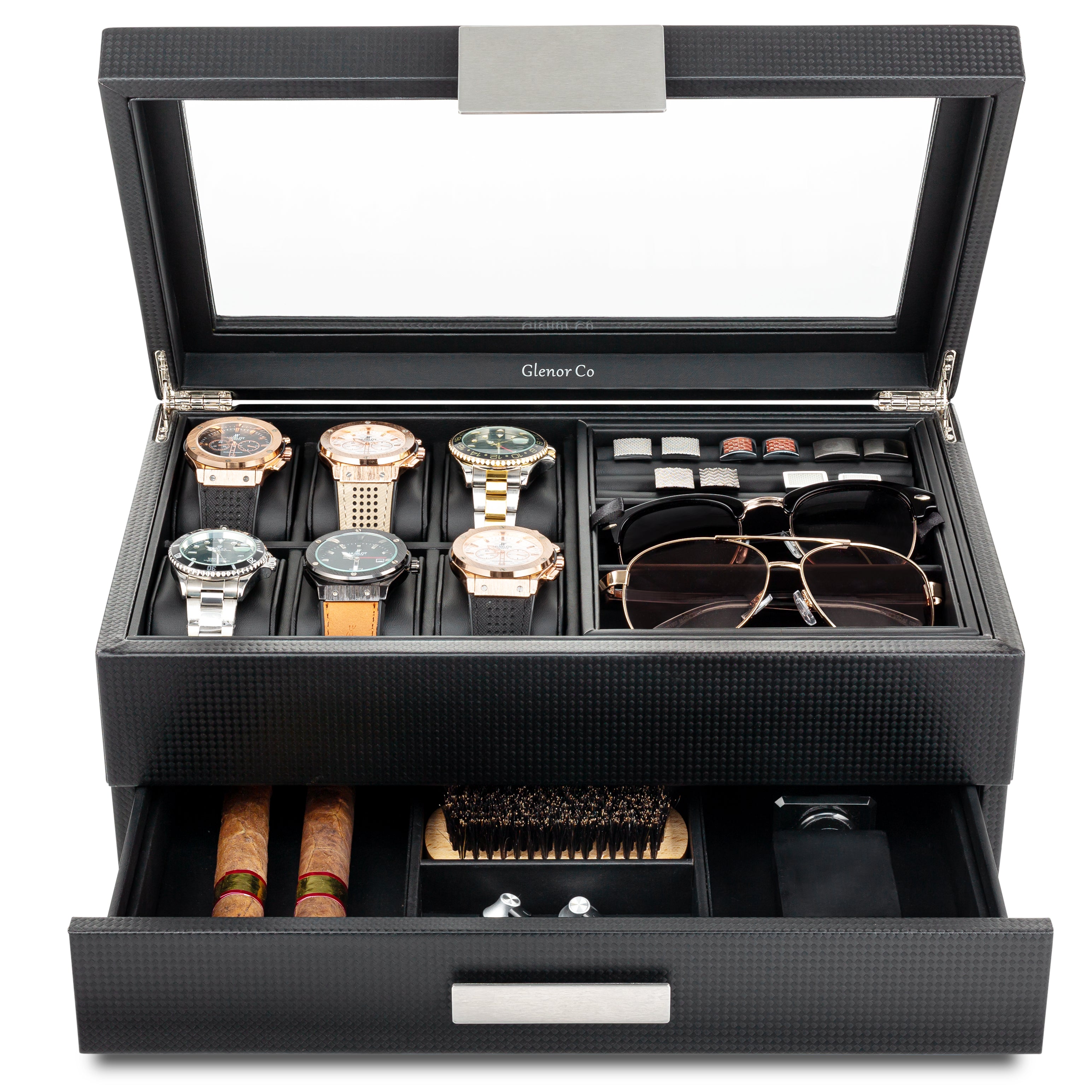 Valet Jewelry Box - Holds 6 Watches, 12 cufflinks, 2 Sunglasses, Drawer & Tray Storage