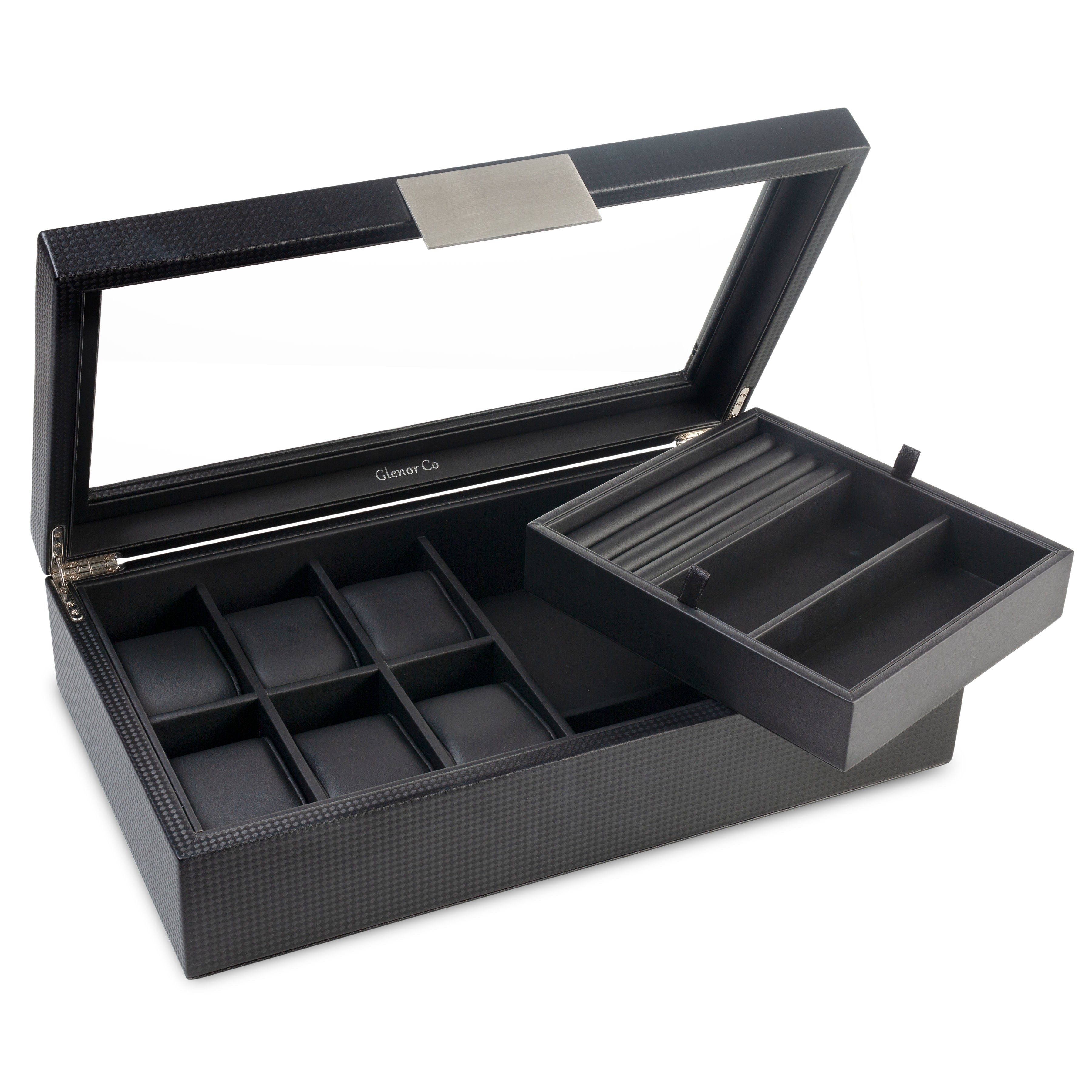 Valet Jewelry Box - Holds 6 Watches, 12 cufflinks, 2 Sunglasses & Tray Storage