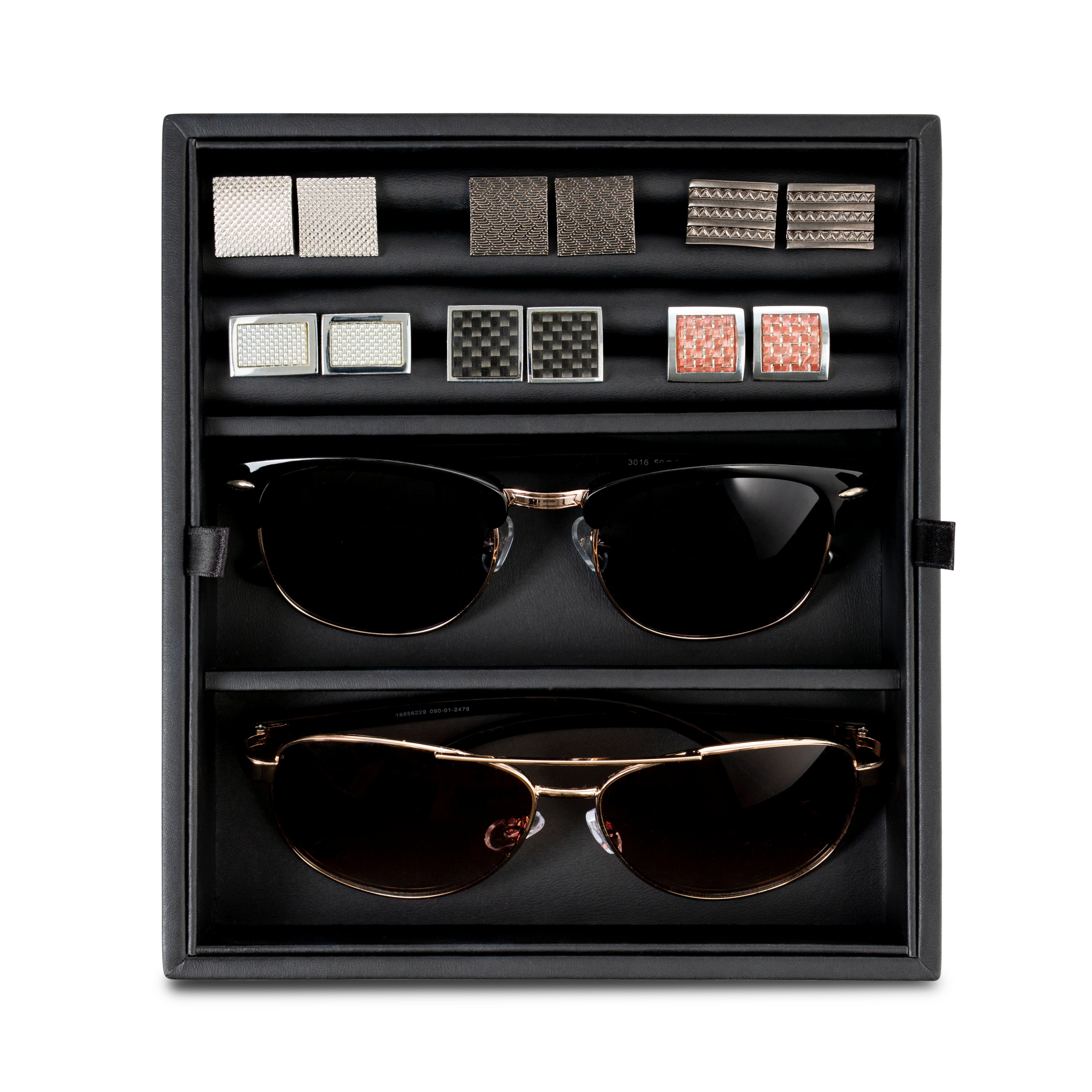 Valet Jewelry Box - Holds 6 Watches, 12 cufflinks, 2 Sunglasses & Tray Storage