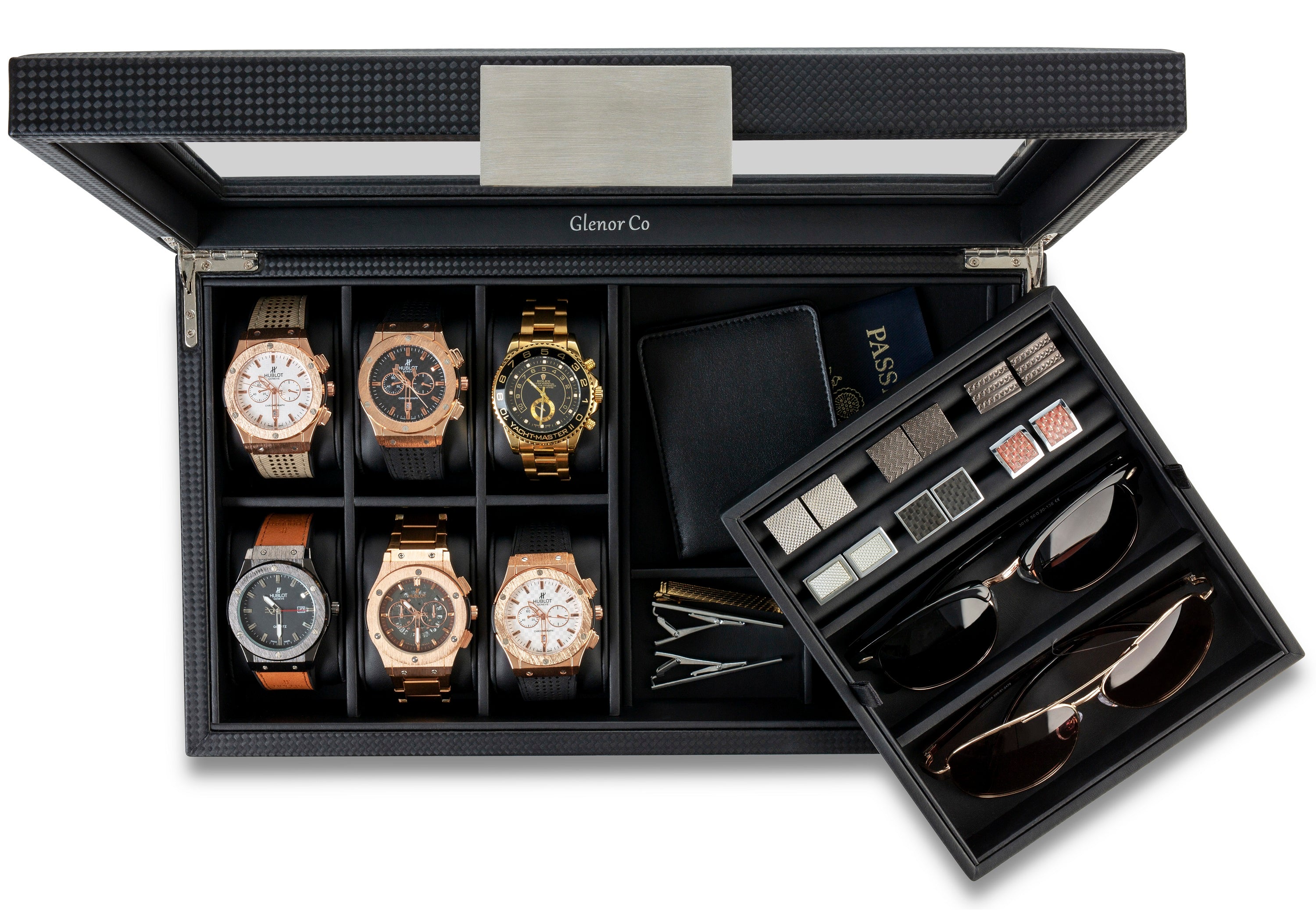 Valet Jewelry Box - Holds 6 Watches, 12 cufflinks, 2 Sunglasses & Tray Storage