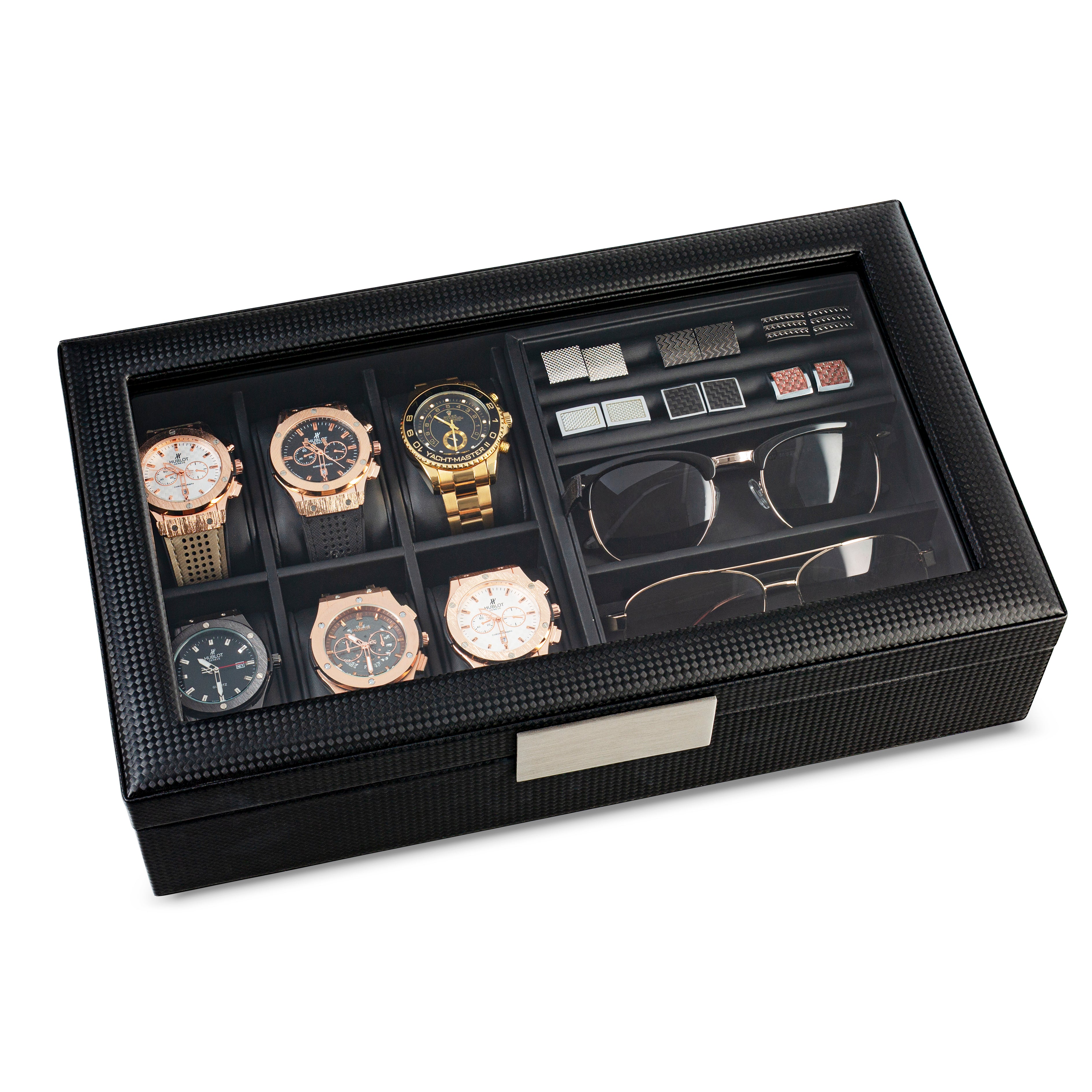 Valet Jewelry Box - Holds 6 Watches, 12 cufflinks, 2 Sunglasses & Tray Storage