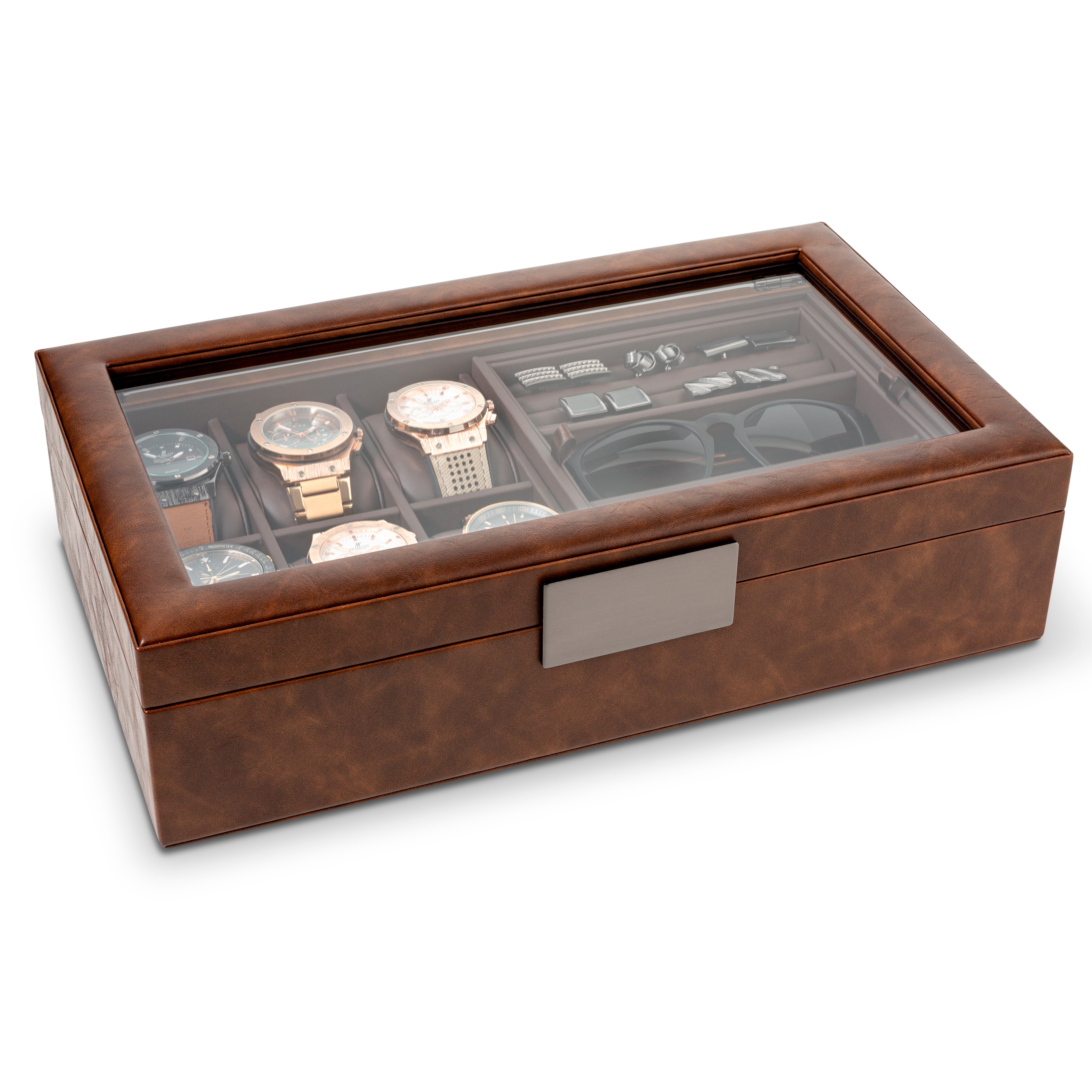 Valet Jewelry Box - Holds 6 Watches, 12 cufflinks, 2 Sunglasses & Tray Storage