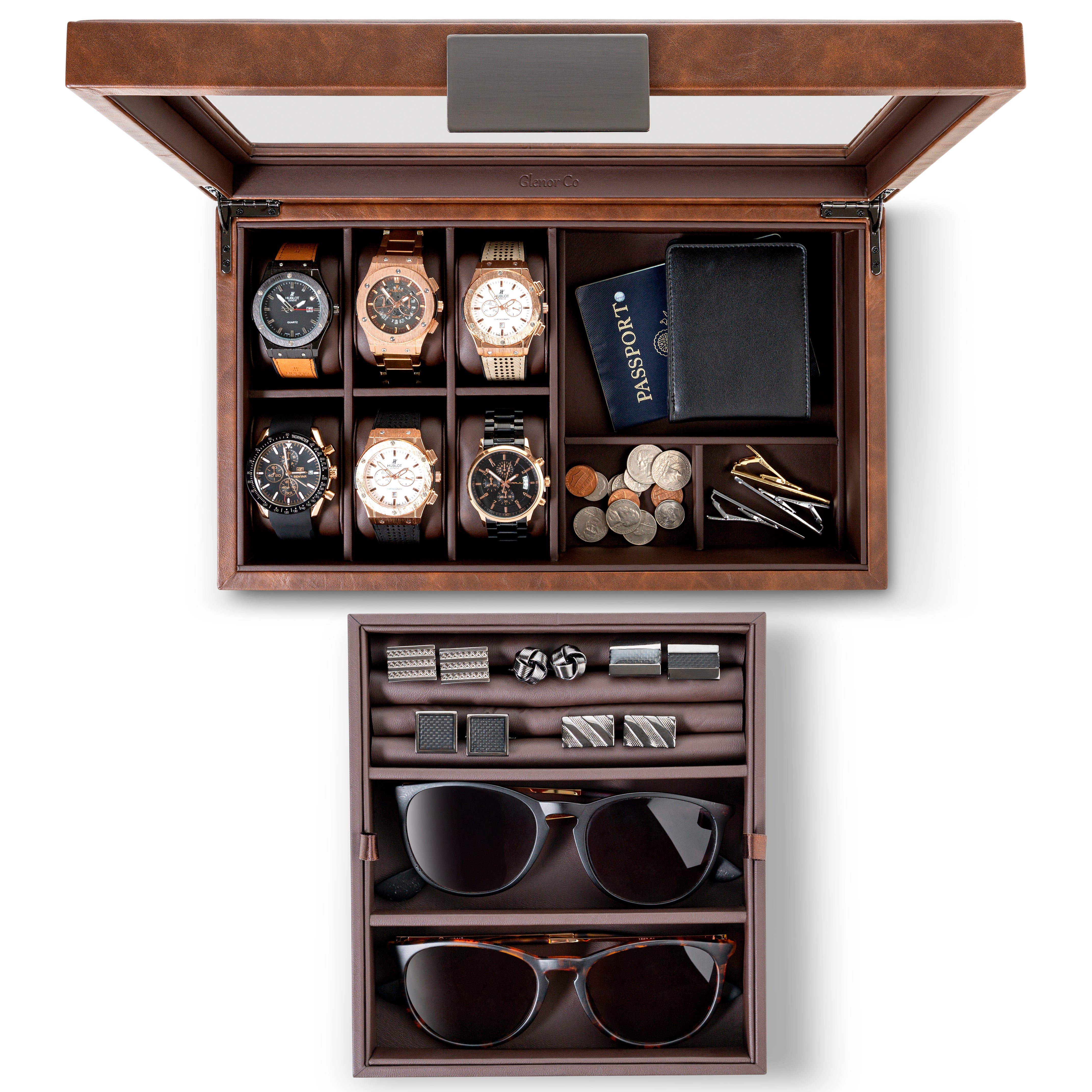 Valet Jewelry Box - Holds 6 Watches, 12 cufflinks, 2 Sunglasses & Tray Storage