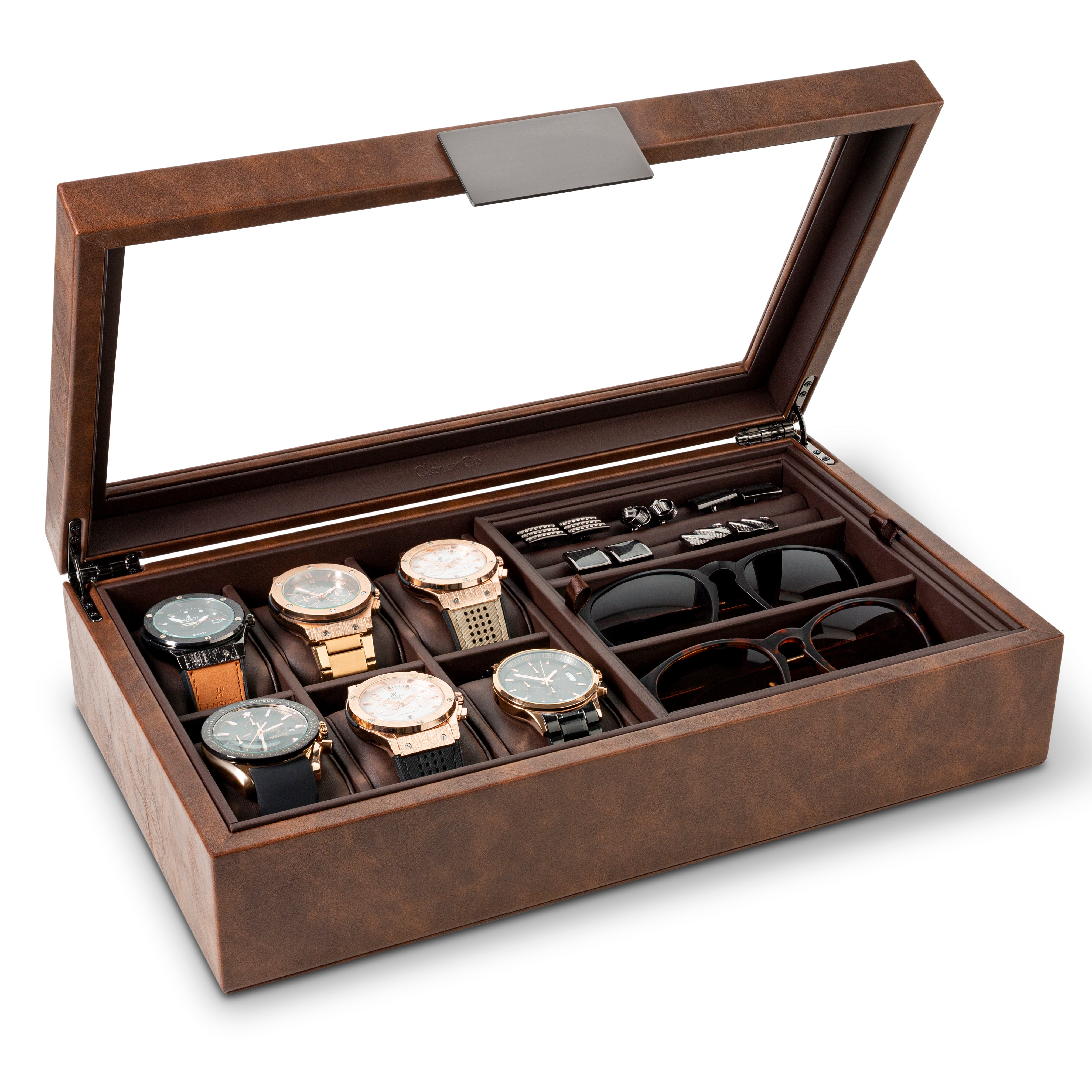 Valet Jewelry Box - Holds 6 Watches, 12 cufflinks, 2 Sunglasses & Tray Storage