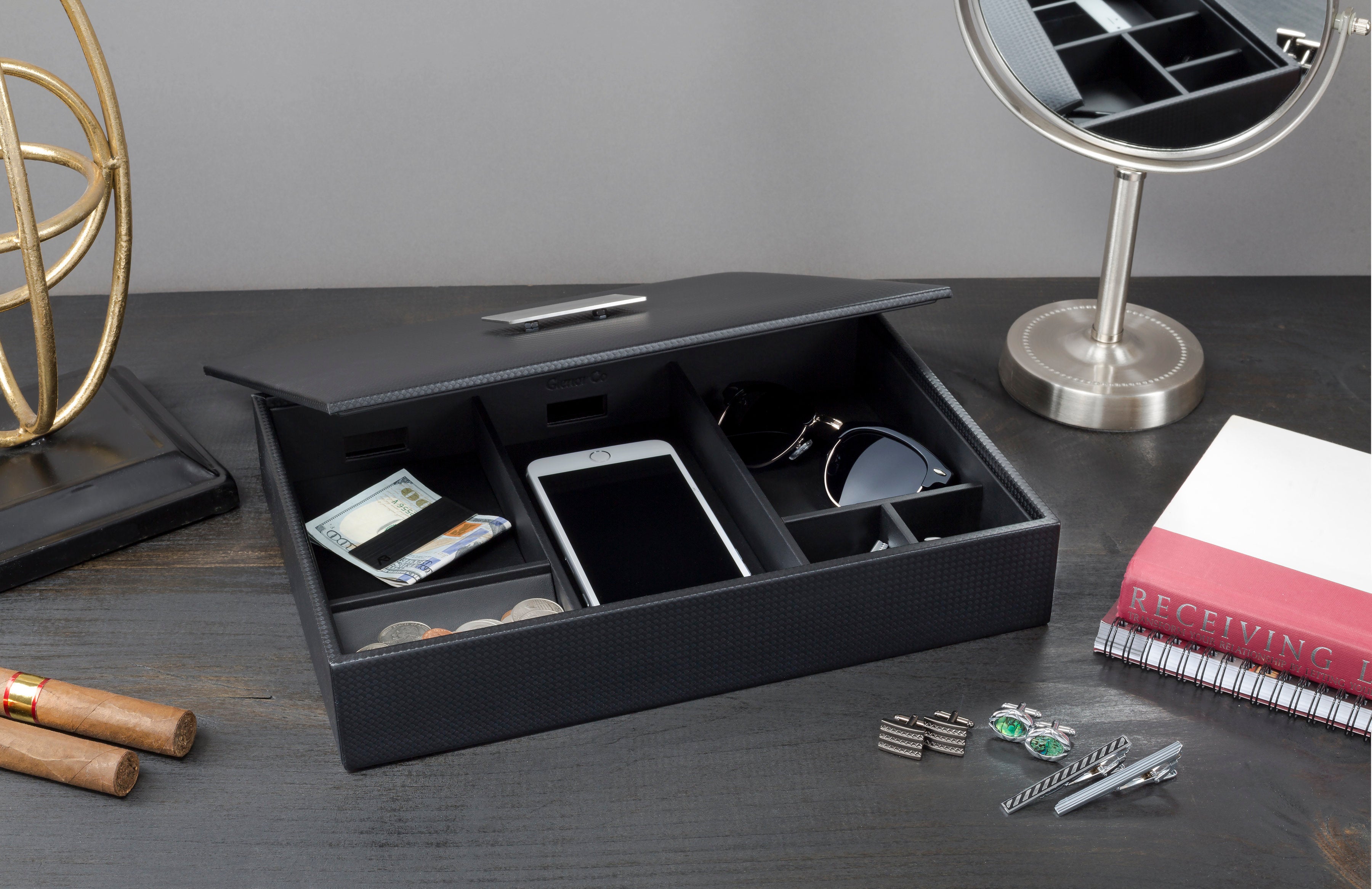 Mens Valet Tray / Dresser Organizer & Lid - 6 Slot Luxury Jewelry Accessories Box