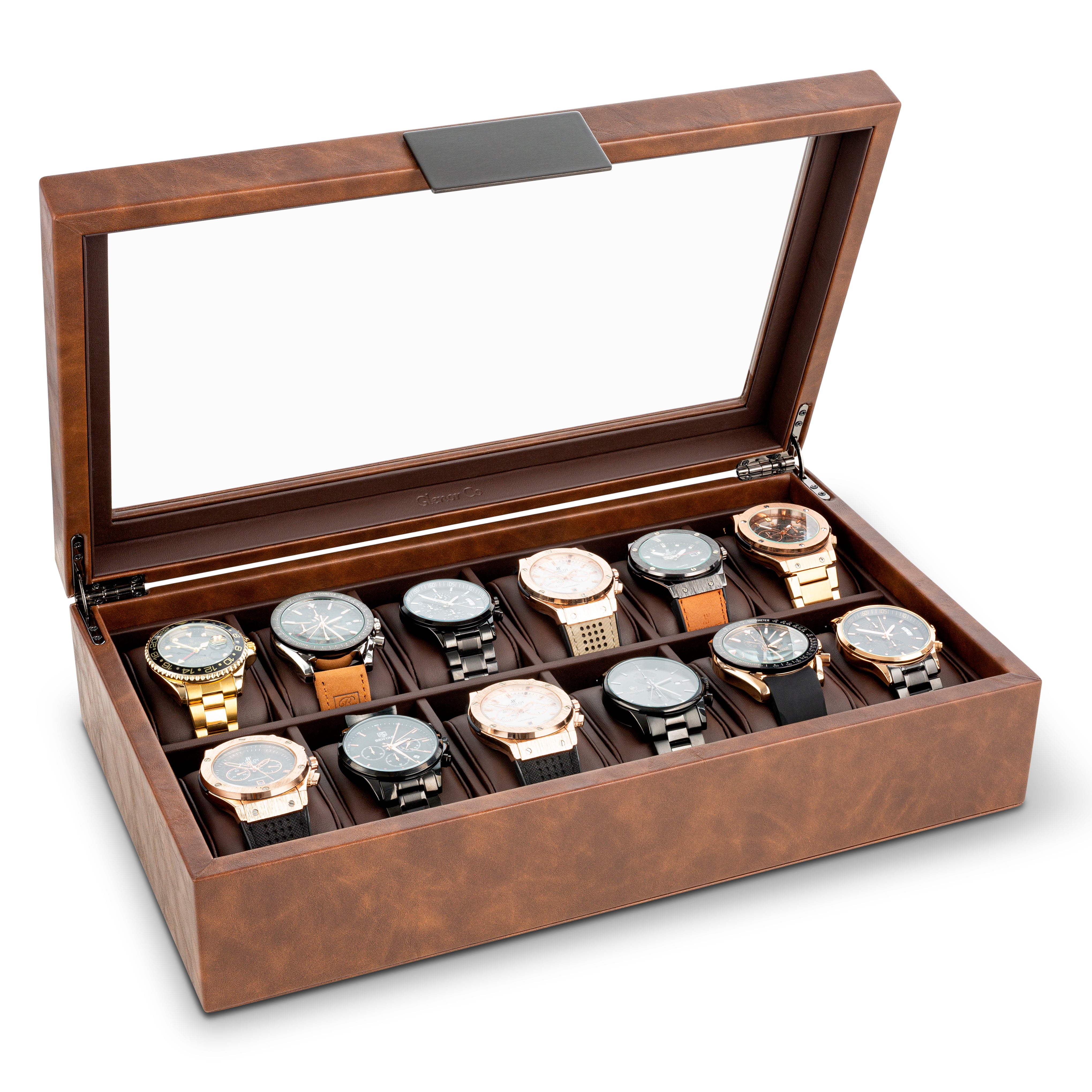 Glenor Co 36 Slot Watch Box for Men - Mens Watch Case w Large Glass Lid,  Luxury