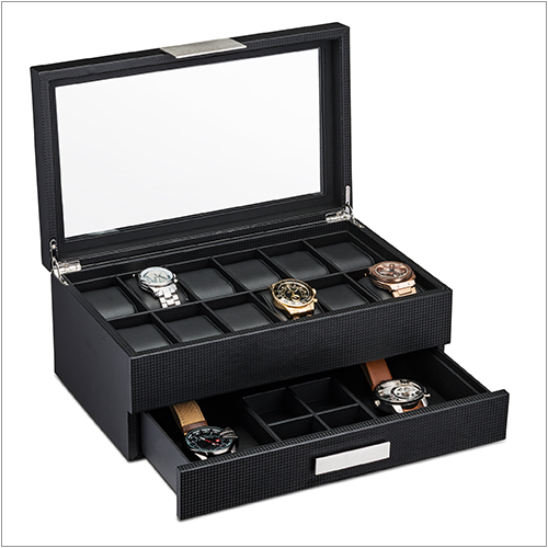 Men's Watch Box Organizer With Valet Drawer - 12 Slots