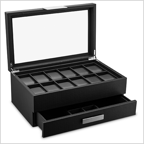 Men's Watch Box Organizer With Valet Drawer - 12 Slots