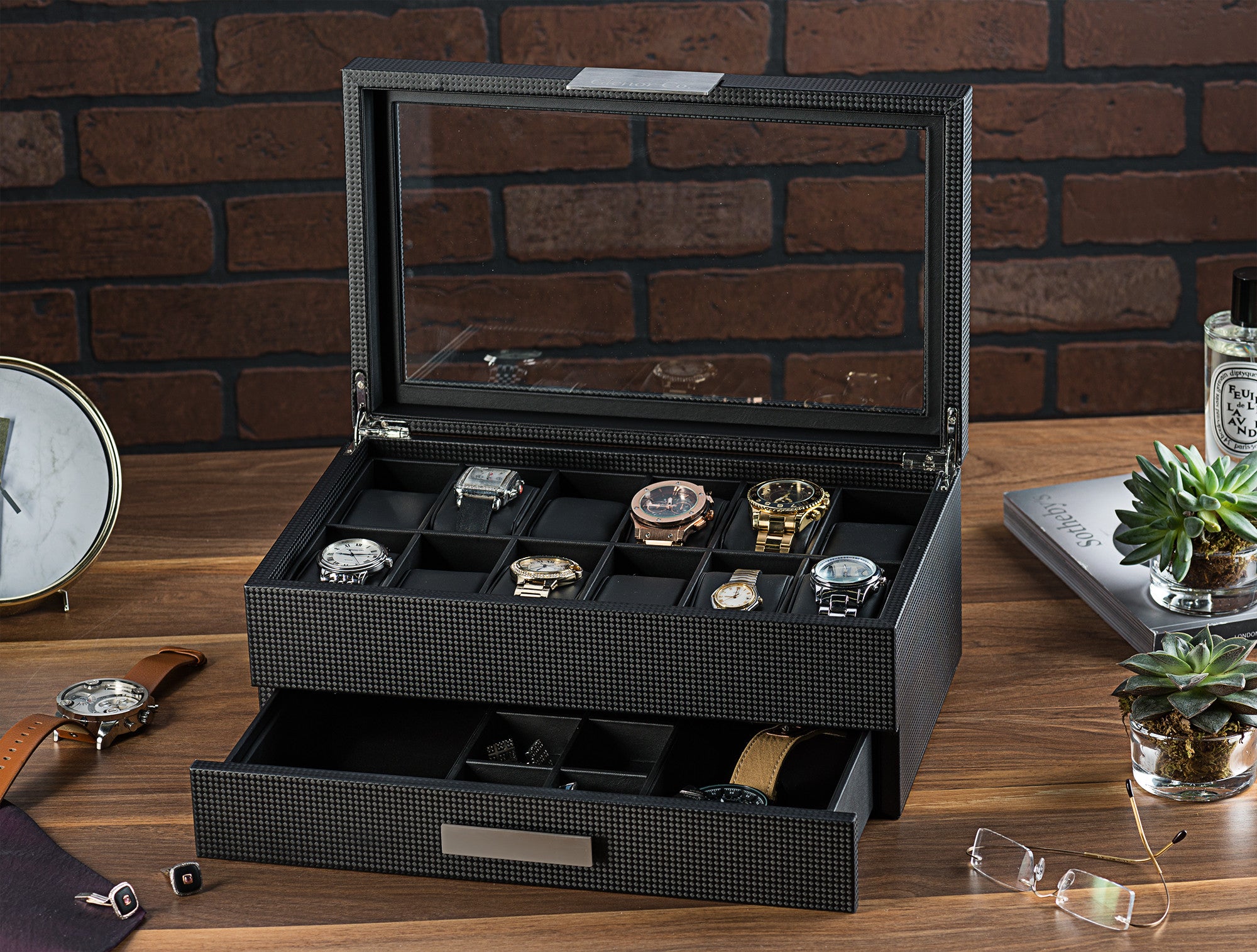 Men's Watch Box Organizer With Valet Drawer - 12 Slots