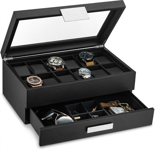 Men's Watch Box Organizer With Valet Drawer - 12 Slots