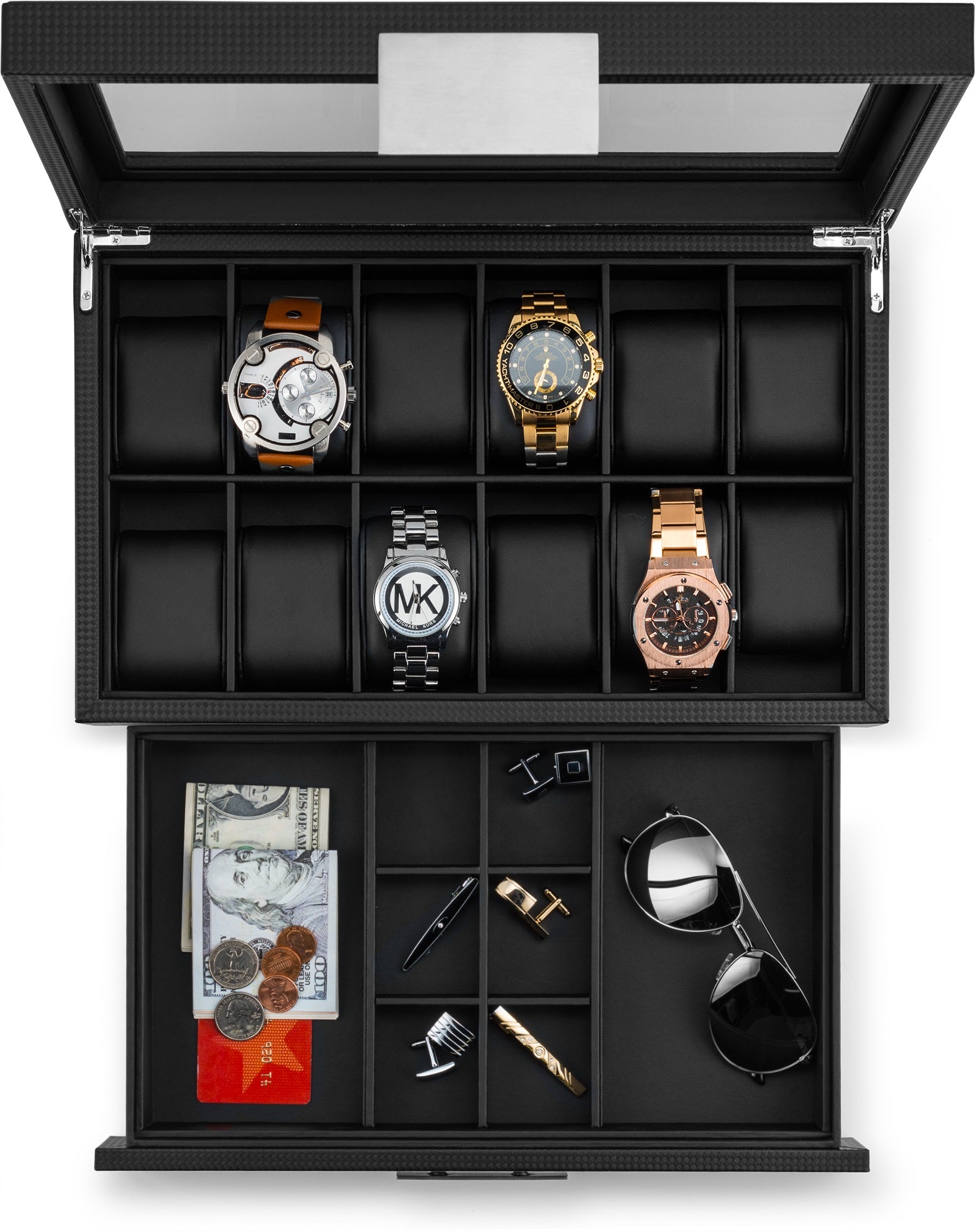 Men's Watch Box Organizer With Valet Drawer - 12 Slots