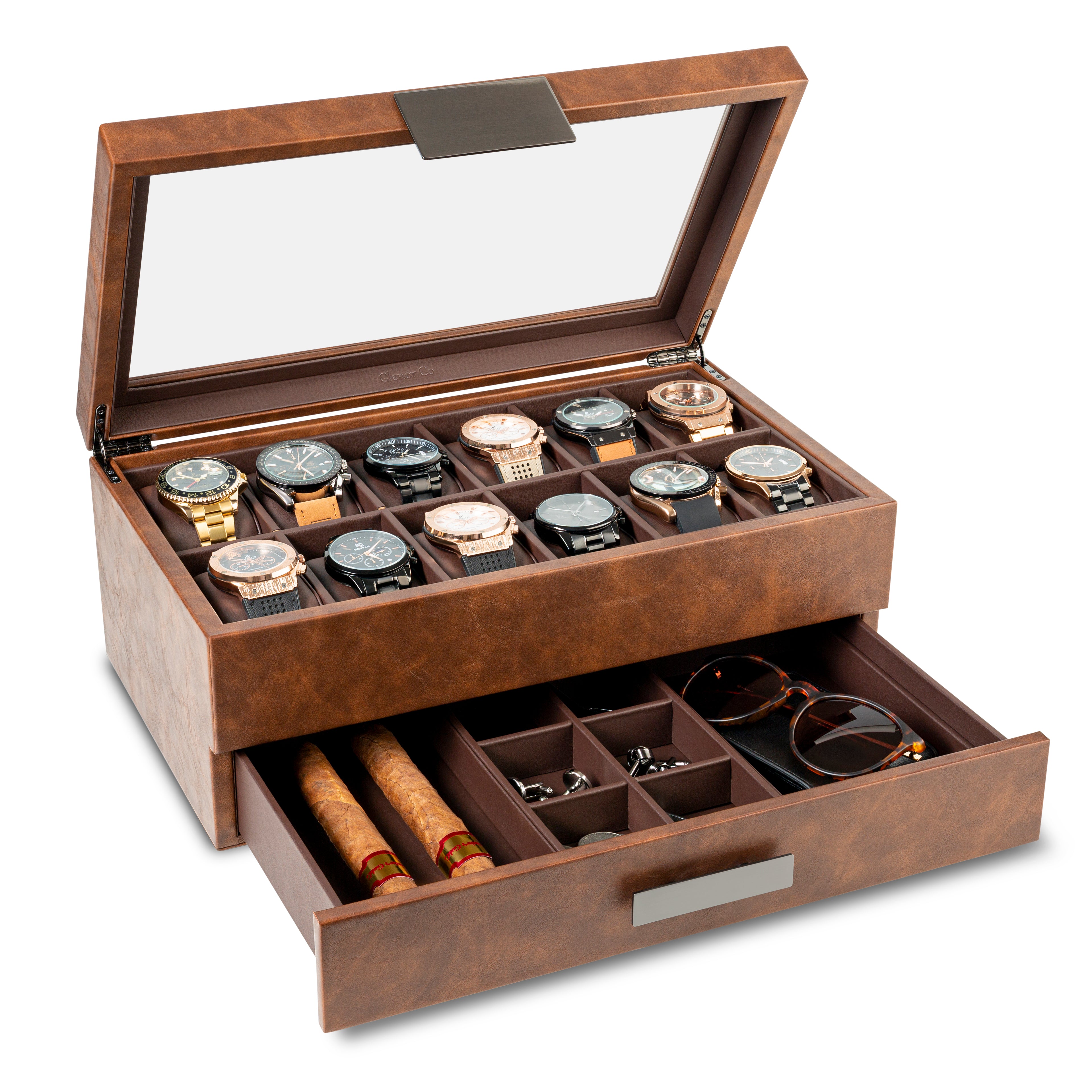 Men's Watch Box Organizer With Valet Drawer - 12 Slots