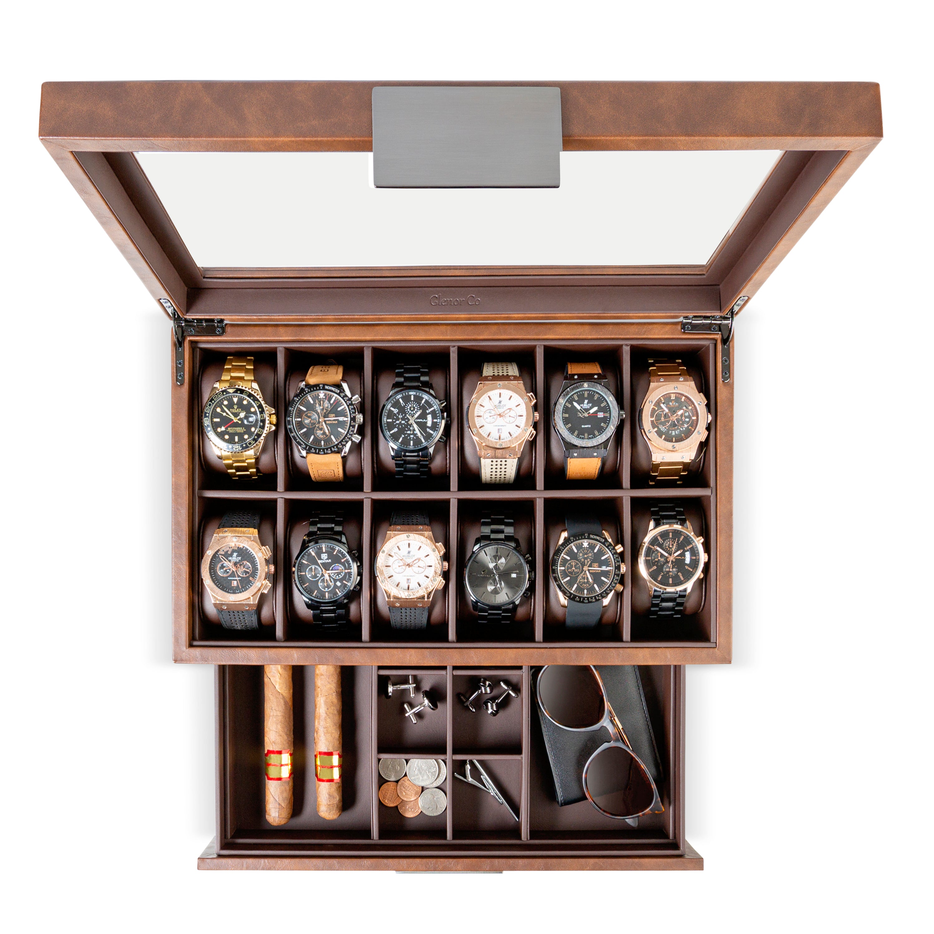 Men's Watch Box Organizer With Valet Drawer - 12 Slots