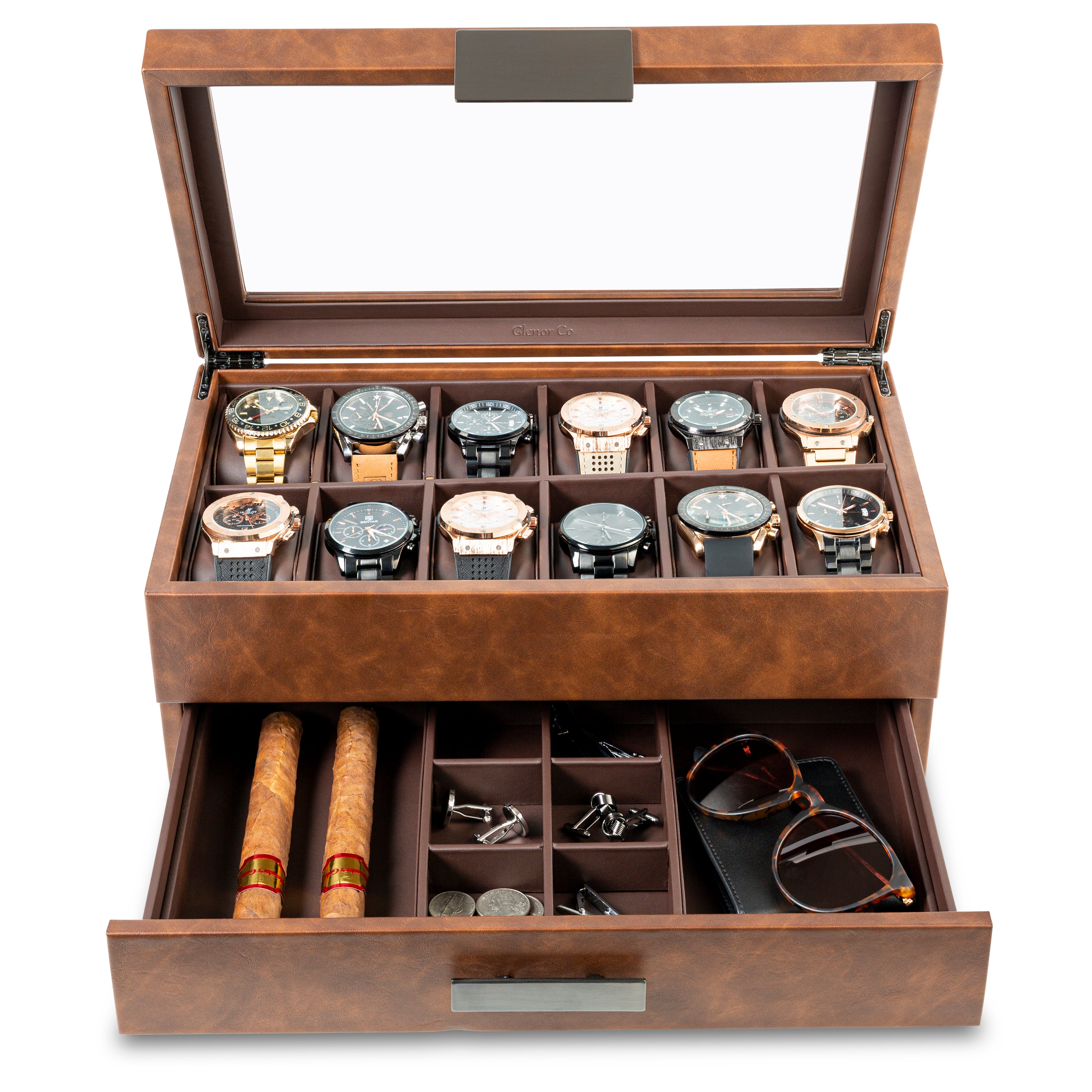 Men's Watch Box Organizer With Valet Drawer - 12 Slots