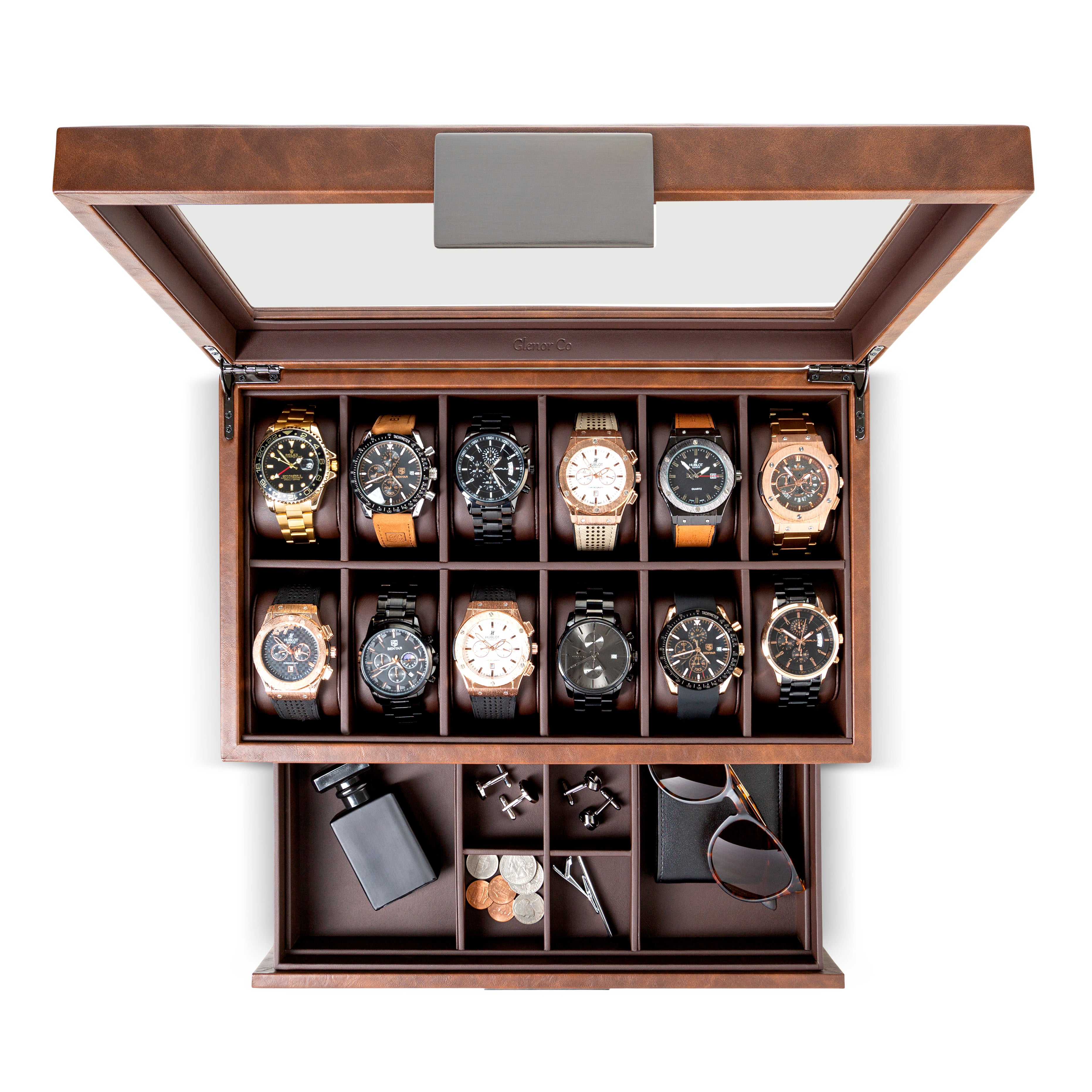 Men's Watch Box Organizer With Valet Drawer - 12 Slots