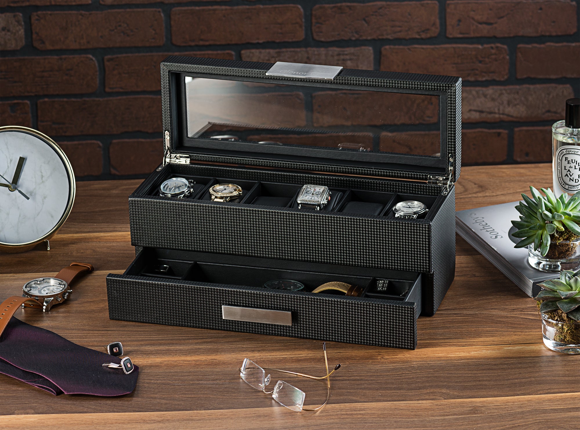 Men's Watch Box Organizer With Valet Drawer - 6 Slots