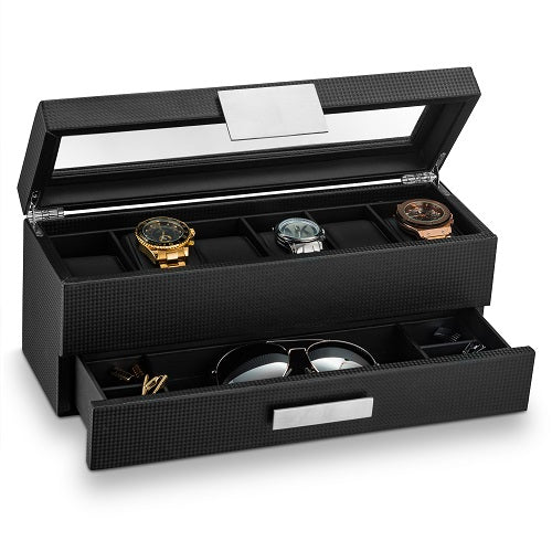 Men's Watch Box Organizer With Valet Drawer - 6 Slots