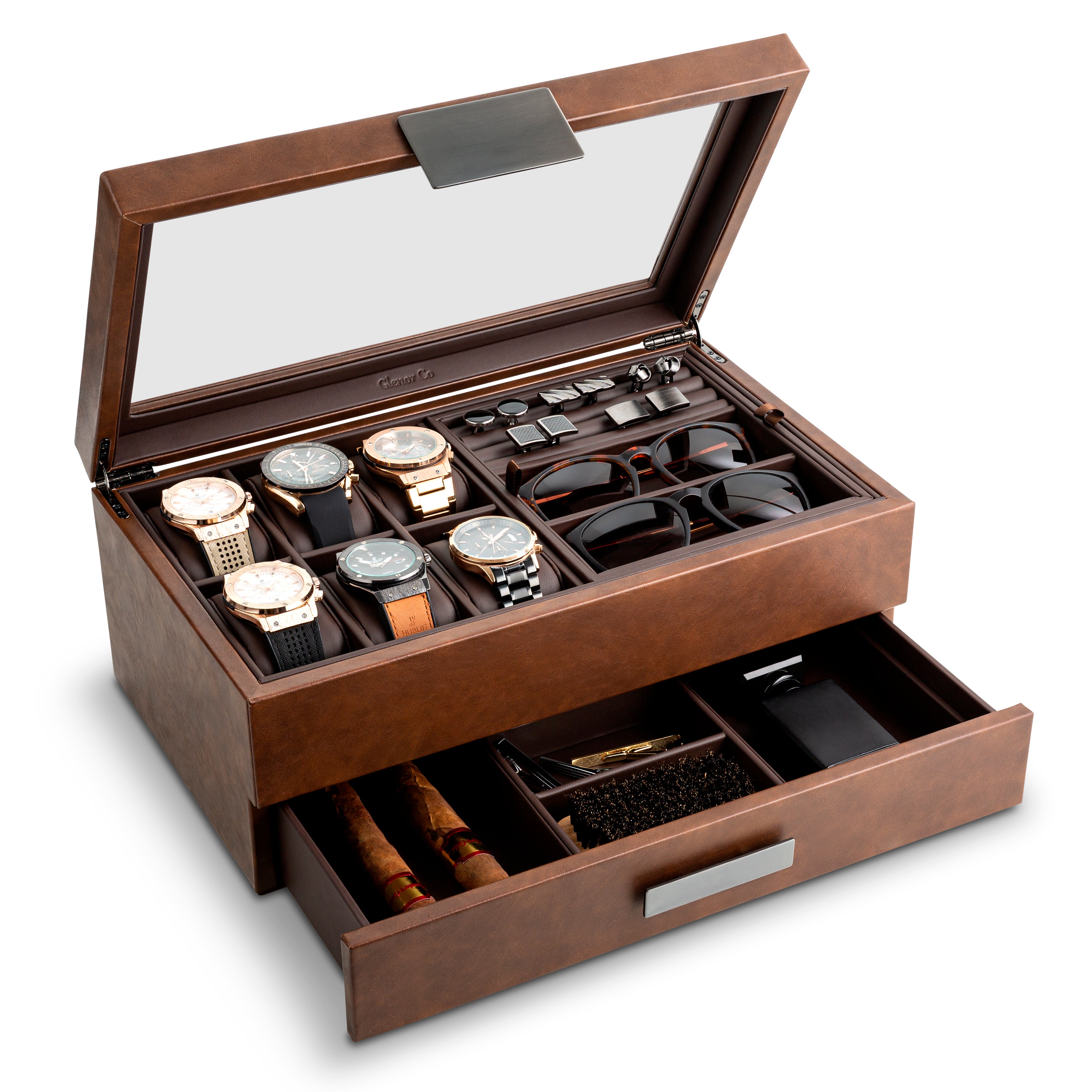 Valet Jewelry Box - Holds 6 Watches, 12 cufflinks, 2 Sunglasses, Drawer & Tray Storage