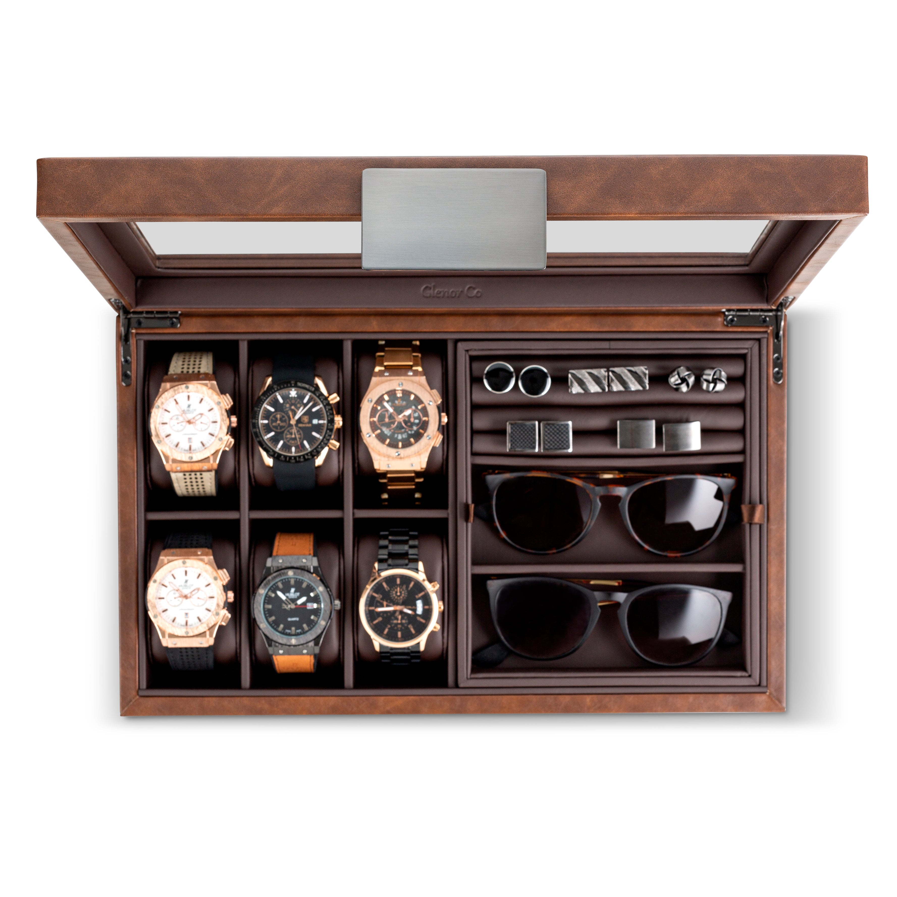 Valet Jewelry Box - Holds 6 Watches, 12 cufflinks, 2 Sunglasses & Tray Storage