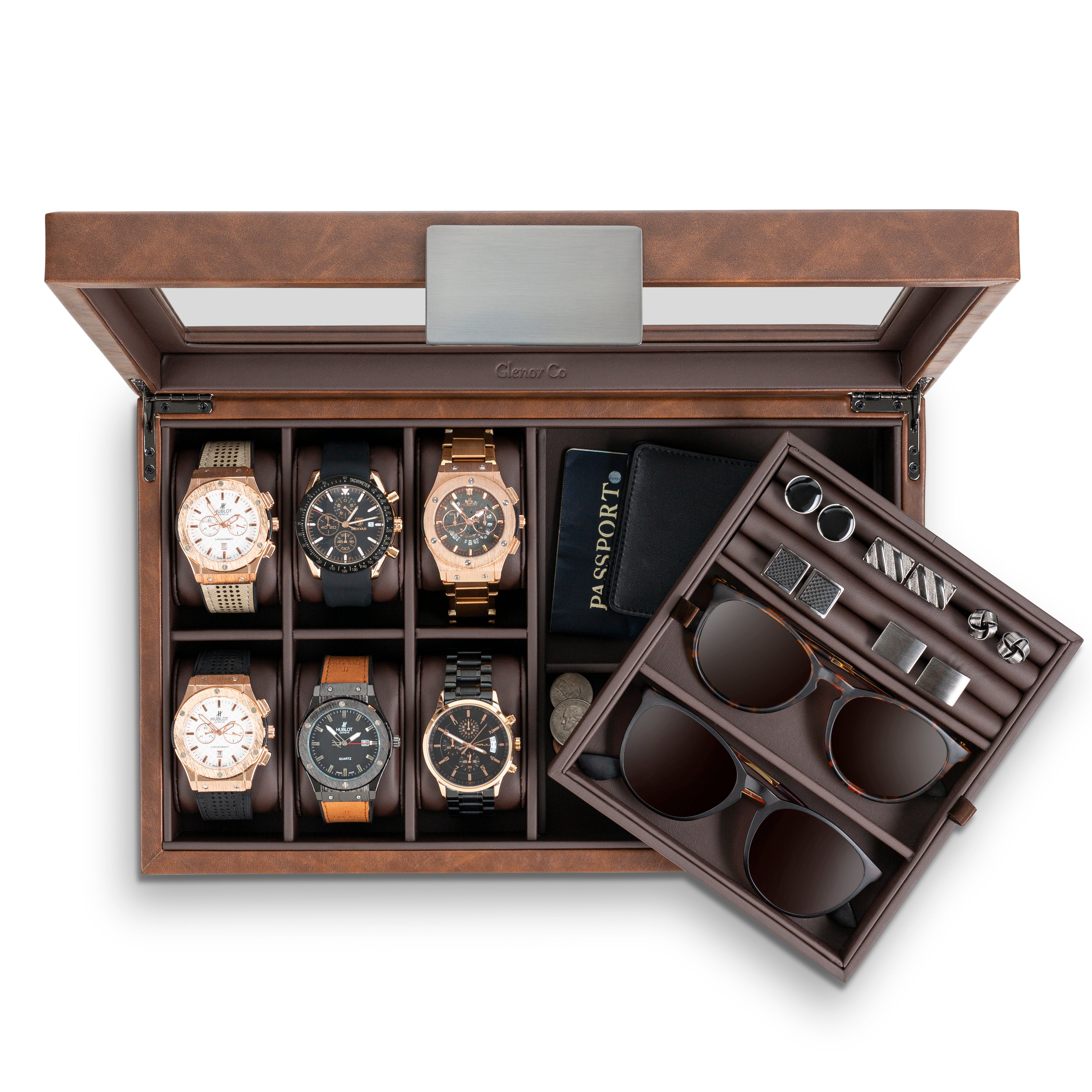 Valet Jewelry Box - Holds 6 Watches, 12 cufflinks, 2 Sunglasses & Tray Storage