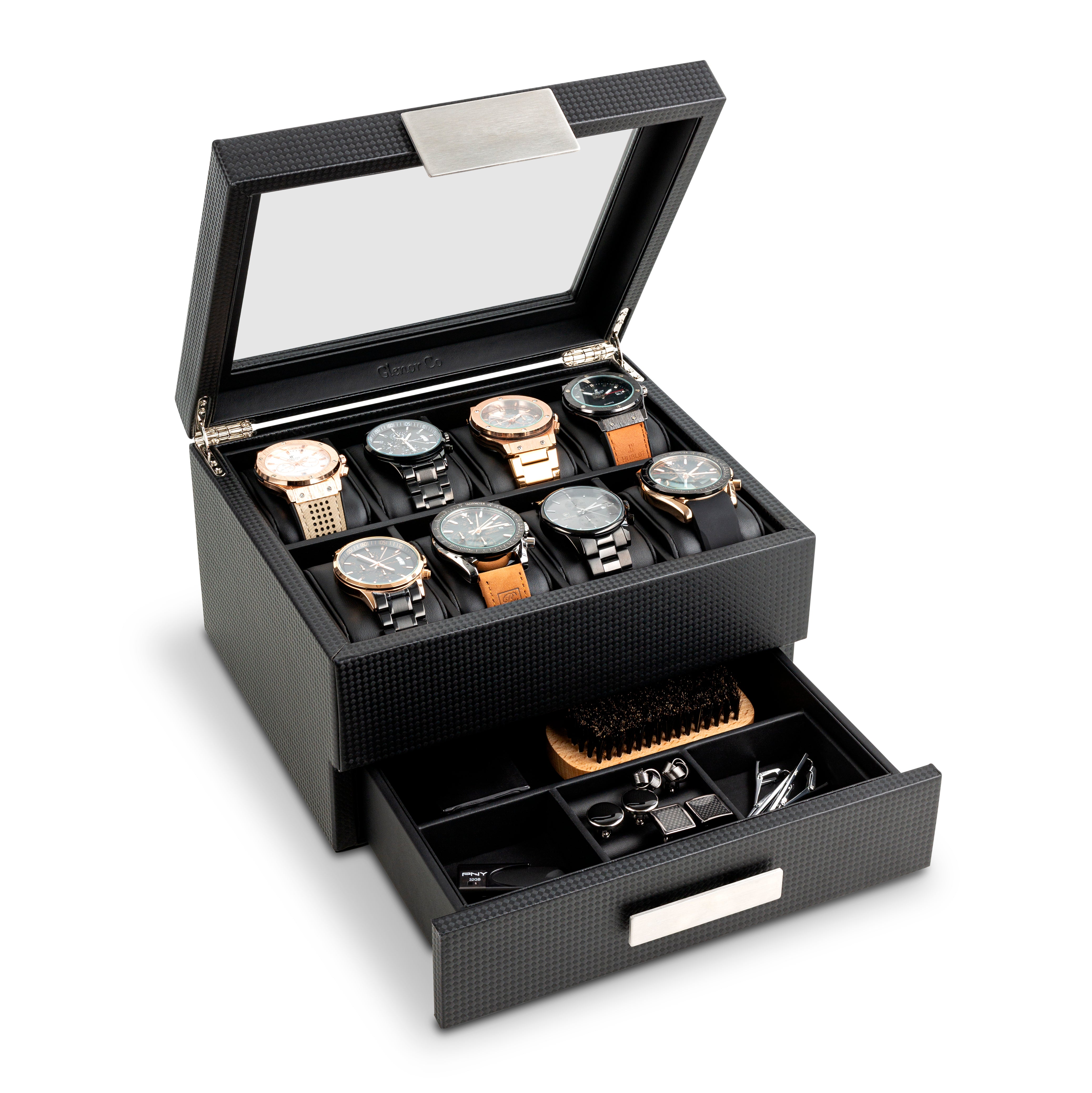 Men's Watch Box Organizer With Valet Drawer - 8 Slots