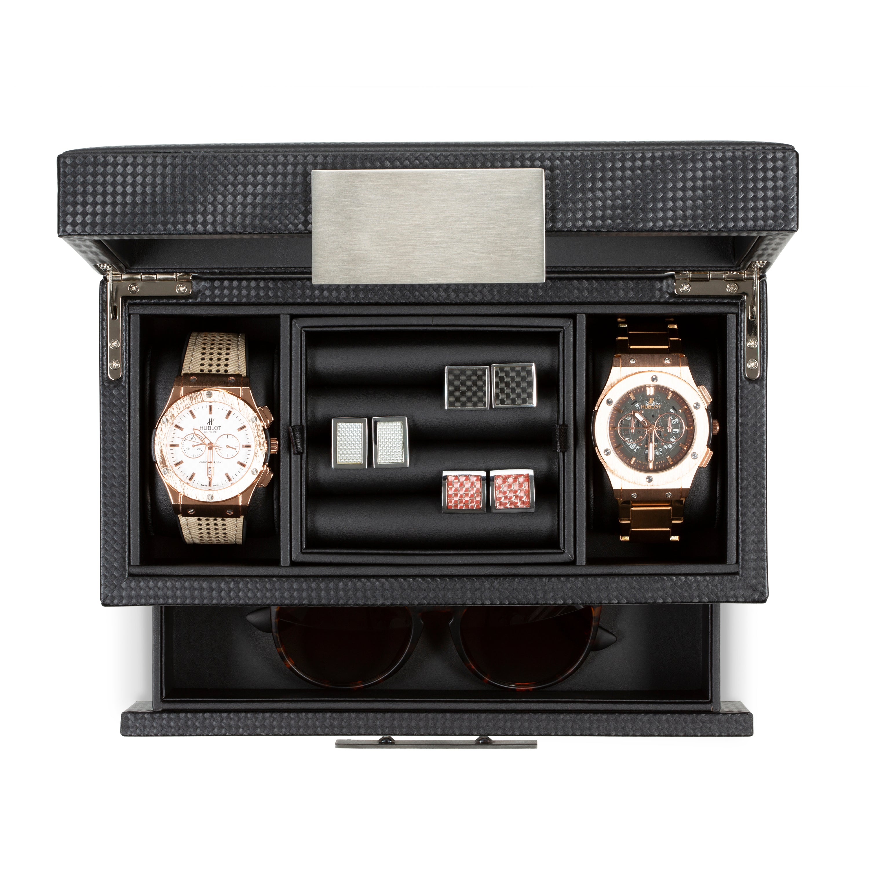 2 Slot Watch Box & Cufflink Tray Organizer with Valet Drawer