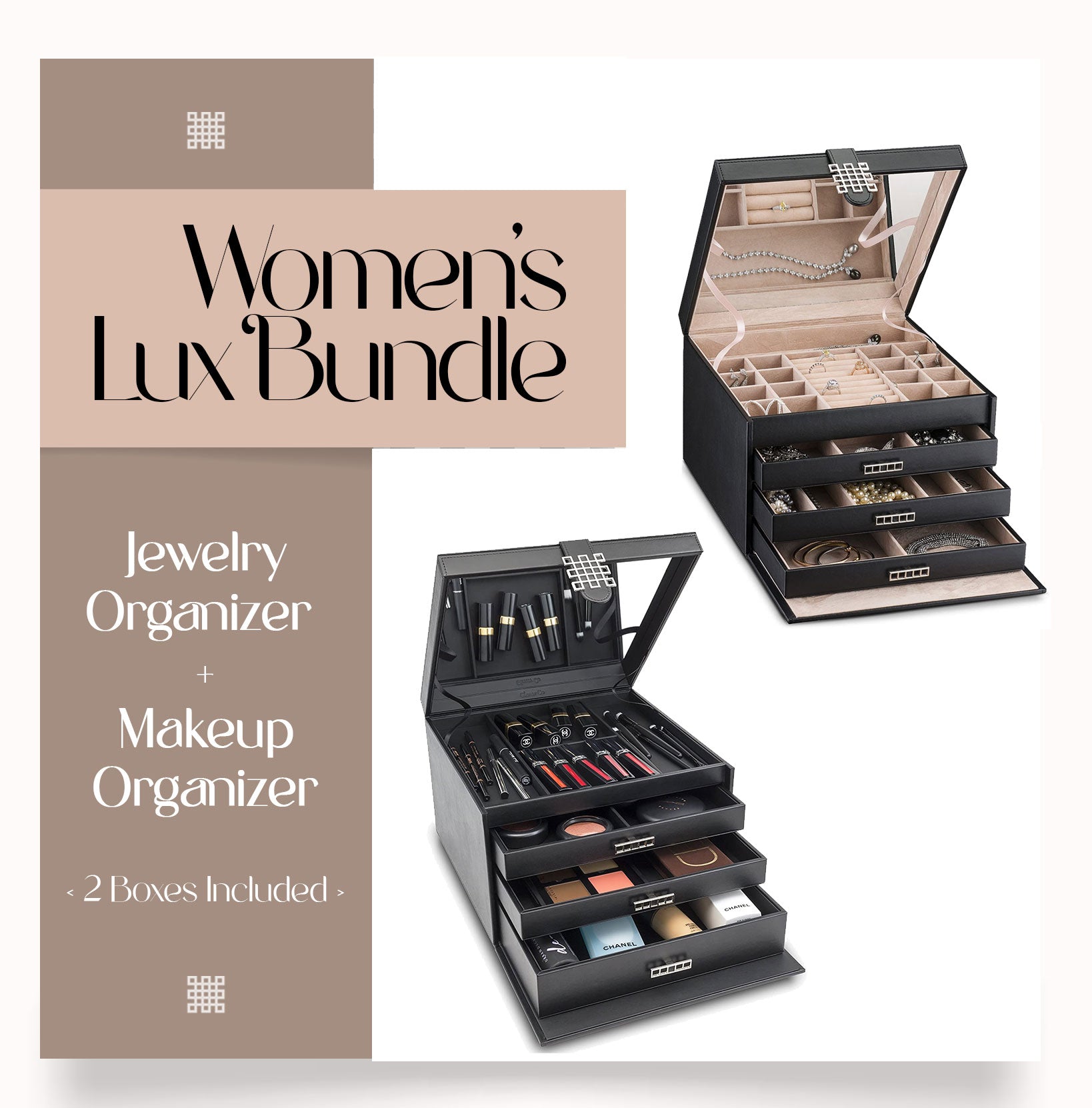 Women's Luxury Bundle - Jewelry Organizer Box + Makeup Organizer Box