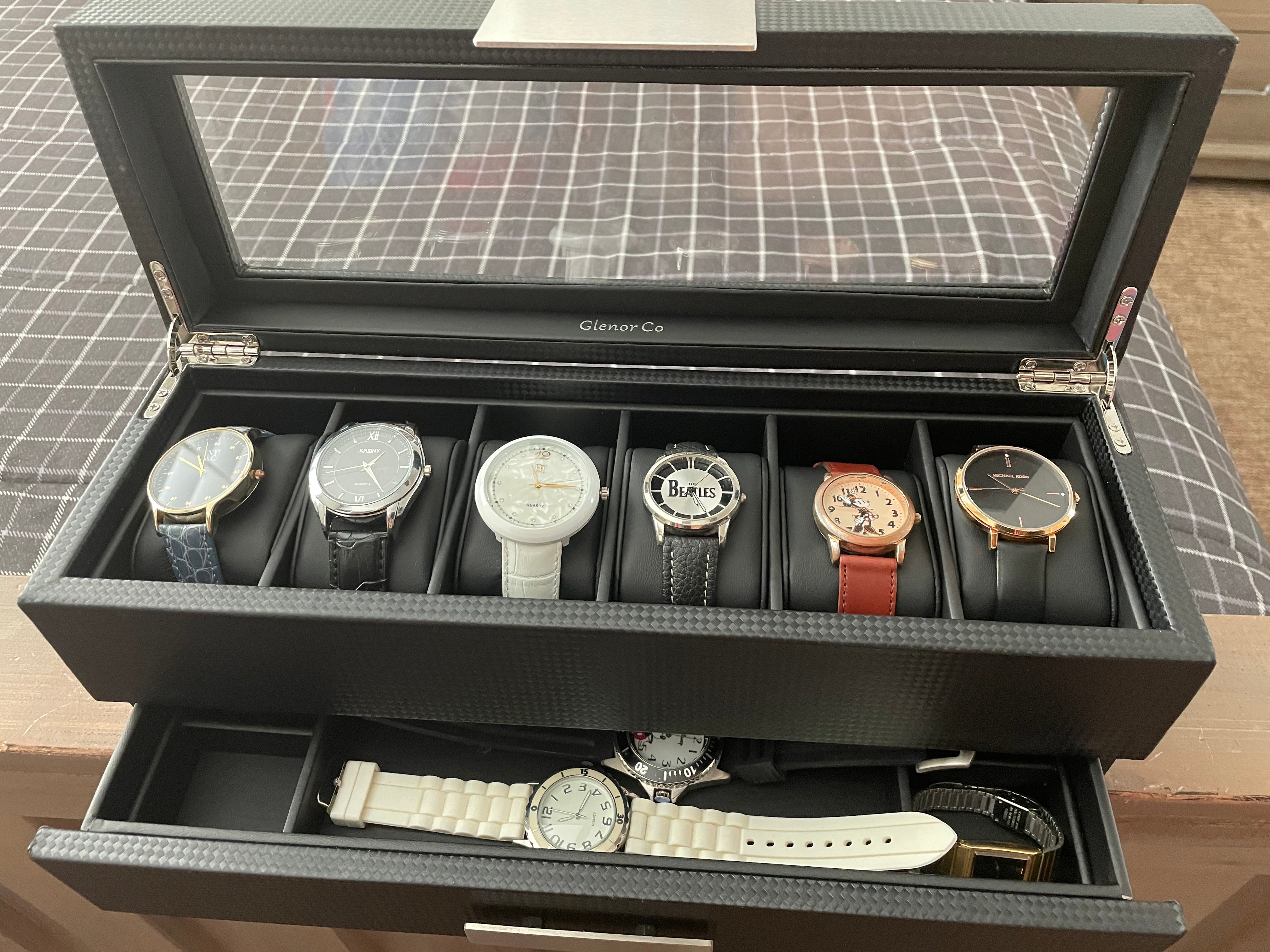 Glenor Co Watch Box with Valet Drawer deals for Men 6 Slot Luxury Watch Case Display