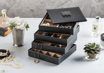 Women's Luxury Bundle - Stackable Jewelry Trays Set + Makeup Organizer Box