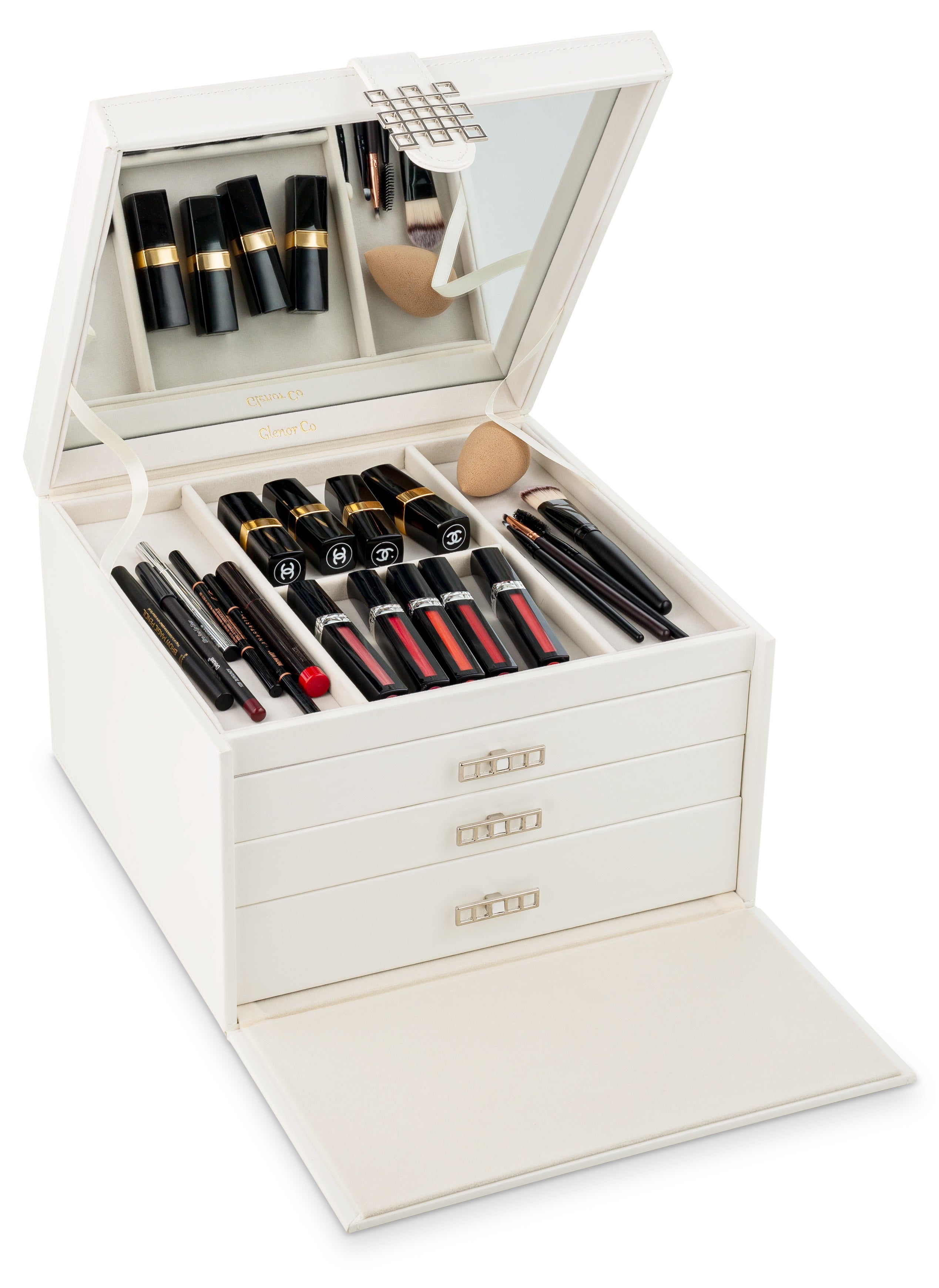 Glenor Co Makeup Organizer - Extra Large Exquisite Case W Modern Closure 4 Drawer Trays & Full Mirror - Huge Cosmetic Storage Jewelry Box for