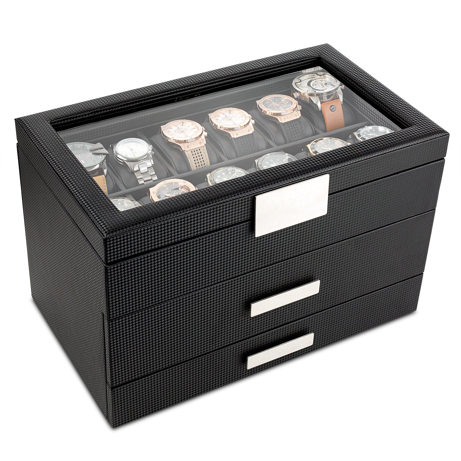 PREMVATI Watch Box Organizer with Valet Drawer - Real Glass Top, Adjustable  Tray, Metal Hinge, Carbon Fiber Design - 12 Slots Watch Storage Case for  Men, Black : Amazon.in: Watches