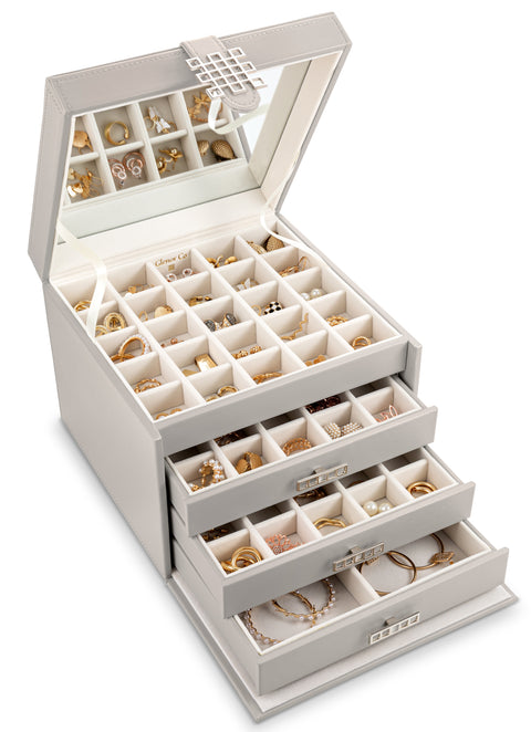 Glenor Co Extra Large Jewelry Box Organizer - 42 Slot Holder w Modern  Closure, Drawer, Big Mirror & 4 Trays for Women - Storage Case for Earring  Ring