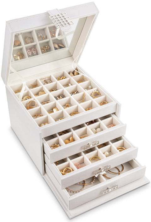 Glenor Co Earring Organizer Holder - 50 Small & 4 Large Slots Classic  Jewelry box with Drawer & Modern Closure, Mirror, 3 Trays for Earrings,  Ring or
