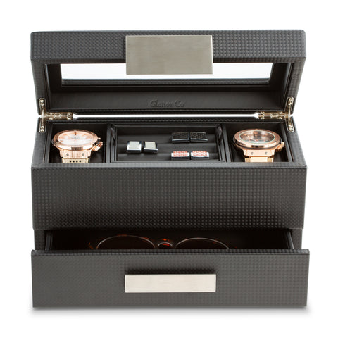 2 Slot Watch Box & Cufflink Tray Organizer with Valet Drawer