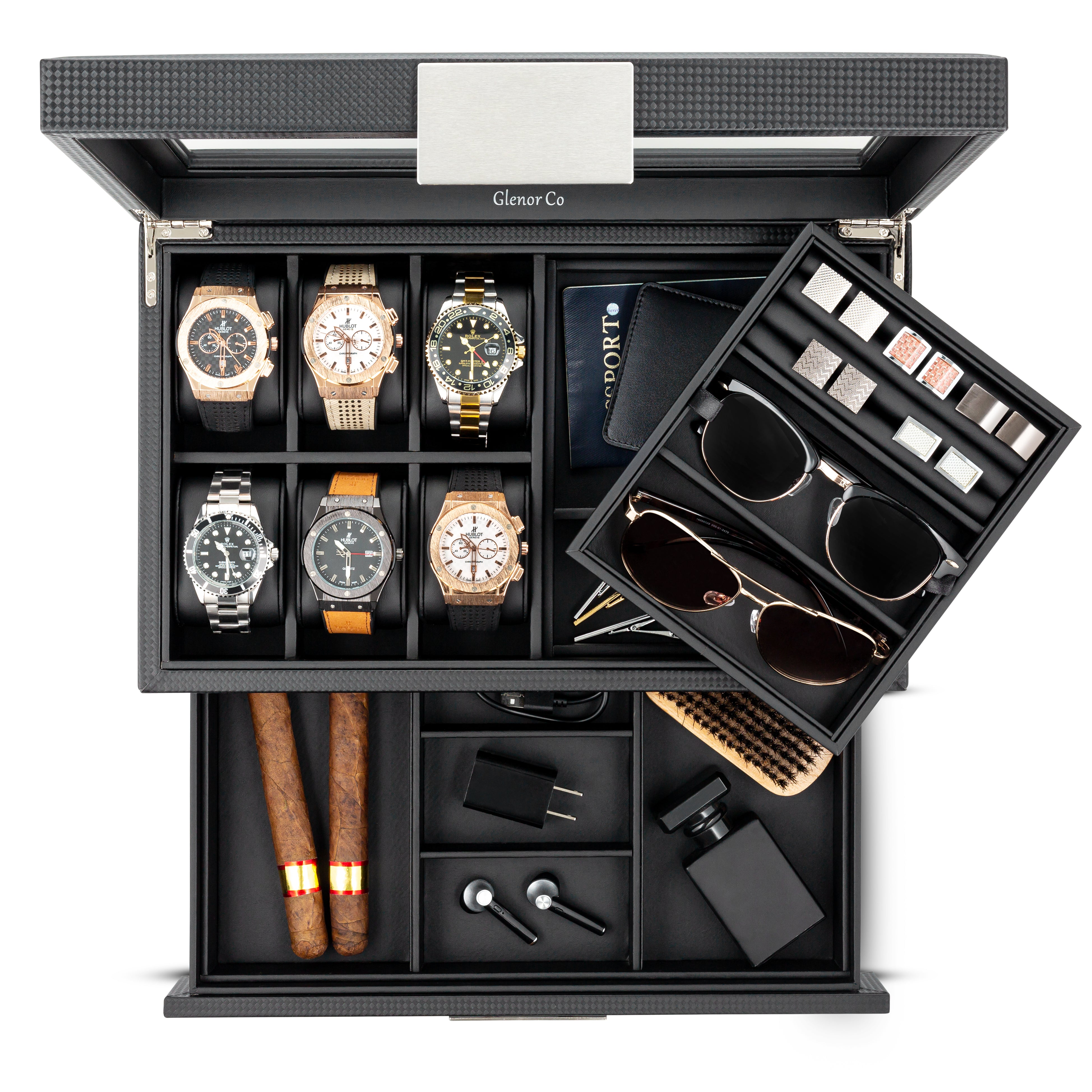 Valet Jewelry Box - Holds 6 Watches, 12 cufflinks, 2 Sunglasses, Drawer & Tray Storage
