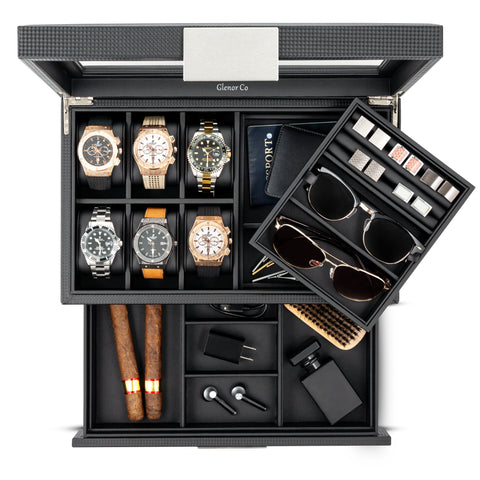 Glenor Co Joyero valet para hombre capacidad para 6 relojes 12 gemelos 2  lentes de sol y almacenamiento de bandejas funda de reloj para hombre –  Yaxa Store