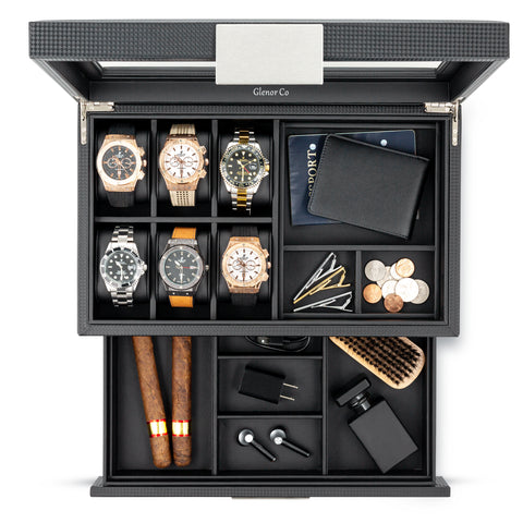 Valet Jewelry Box - Holds 6 Watches, 12 cufflinks, 2 Sunglasses, Drawer & Tray Storage