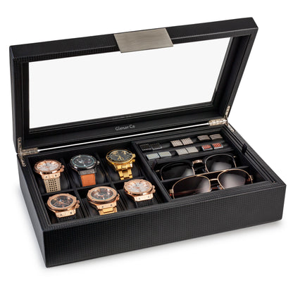 Valet Jewelry Box - Holds 6 Watches, 12 cufflinks, 2 Sunglasses & Tray Storage