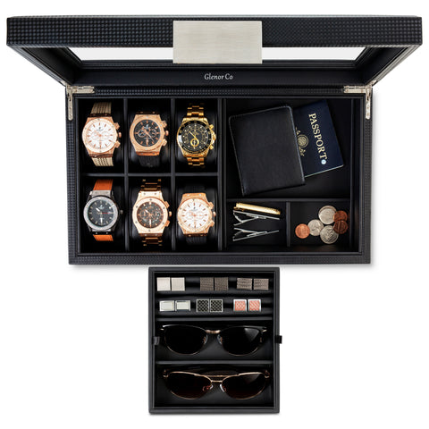 Valet Jewelry Box - Holds 6 Watches, 12 cufflinks, 2 Sunglasses & Tray Storage