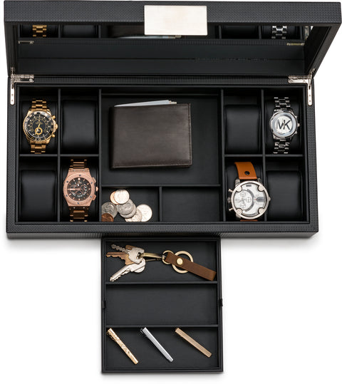  Glenor Co Caja de reloj con cajón de valet para hombres,  organizador de exhibición de lujo de 8 ranuras, diseño de fibra de carbono,  hebilla de metal para relojes de joyería