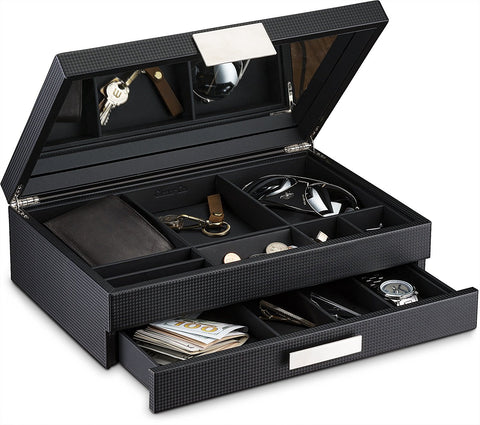 Glenor Co Jewelry Organizer Tray - 4 Stackable Trays & Lid with Mirror - 27  Slot Storage for Drawer, Dresser - Black - Zen Merchandiser