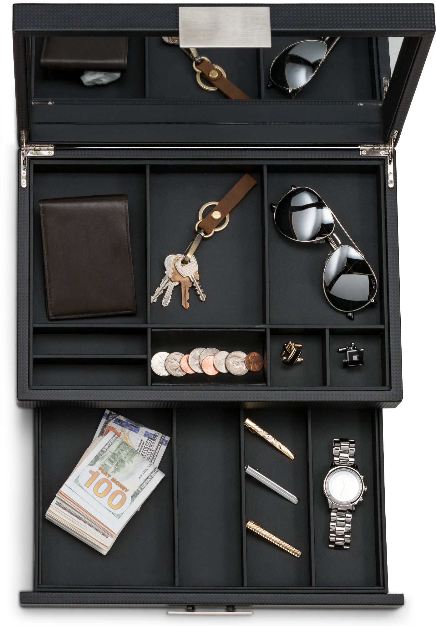 Glenor Co Mens Valet/Dresser Organizer - Luxury 12 Slot Jewelry Black