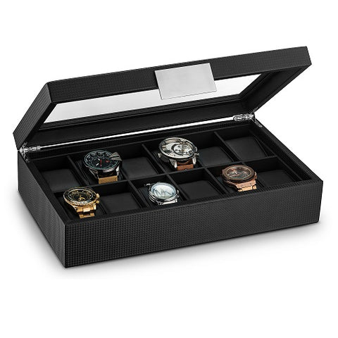 Glenor Co Watch Box with Valet Drawer for Men - 6 Slot Luxury Watch Case  Display Organizer, Carbon Fiber Design -Metal Buckle for Mens Jewelry  Watches, Men's Storage Holder Boxes has a