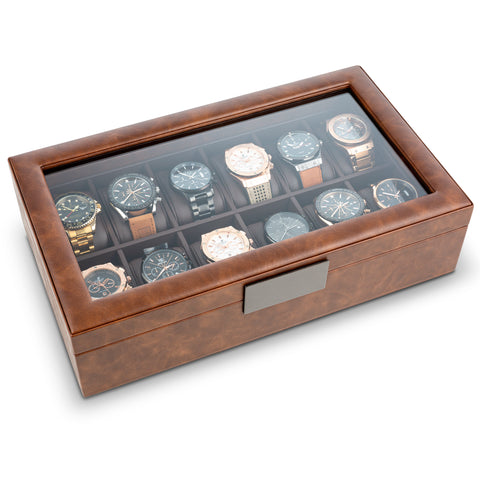 Glenor Co 36 Slot Watch Box for Men - Mens Watch Case w Large Glass Lid,  Luxury