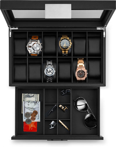 Men's Watch Box Organizer With Valet Drawer - Large