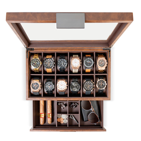 Stock Your Home Watch Box with Valet Drawer for Dresser - Mens Jewelry Box  with Multiple Compartments