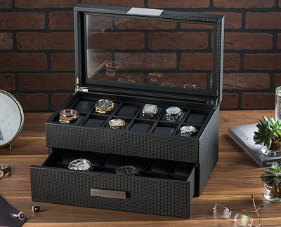 Men's Watch Organizer Box With Drawer - Large